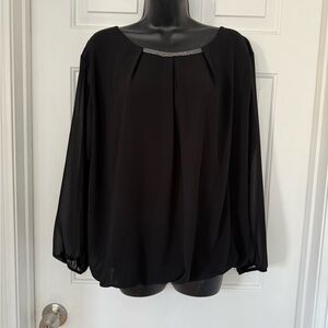 Elegant Black Women's Top Blouson Blouse Rhinestone Trim Sz XL